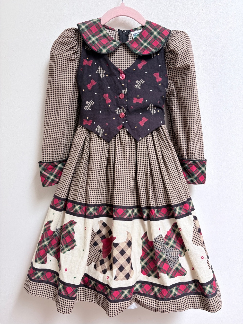 Vintage Daisy Kingdom Girls Scottie Dog Tartan Plaid Holiday Dress Prairie Sz 4